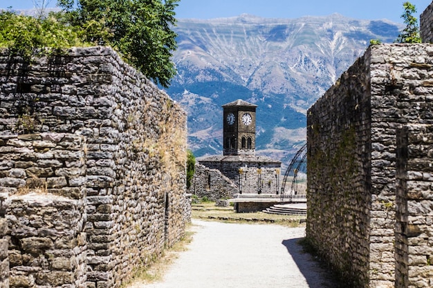 Clock tower in Gjirokaster castle, ottoman architecture in Albania, Unesco World Heritage Site, Gjir