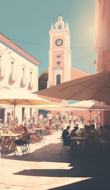 A clock tower is in the background of a building with people sitting at tables and eating.