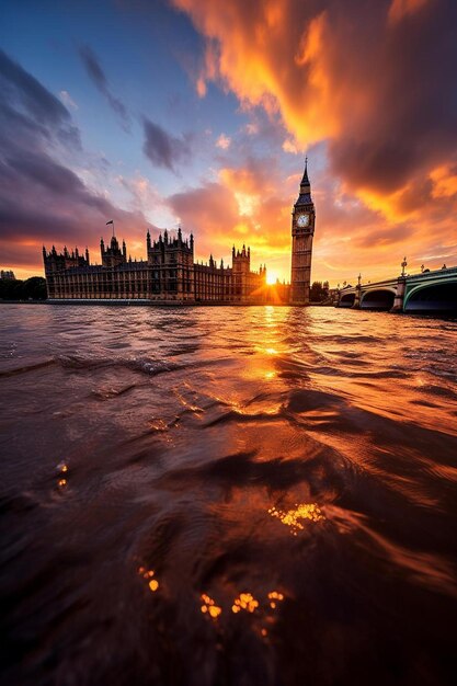 Photo a clock tower is in the background of a sunset