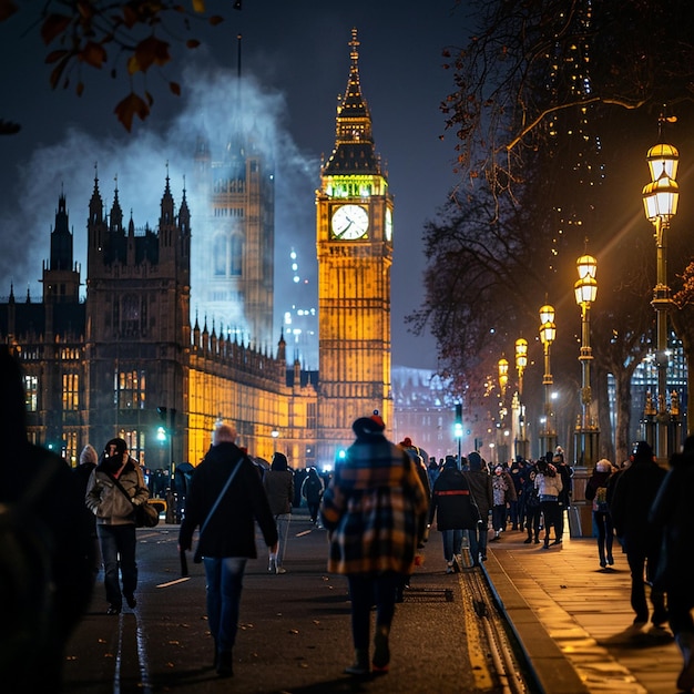 a clock tower is lit up at night with people walking around