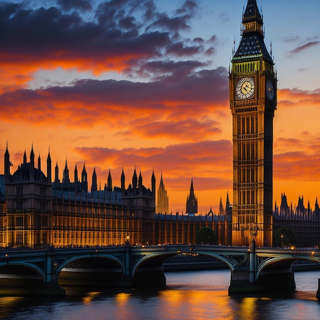 A clock tower is lit up at sunset with a bridge in the background.