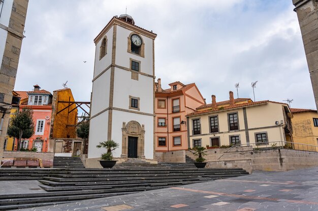 Clock tower in the picturesque village of Luanco located on the shore of the Cantabrian Sea Asturias