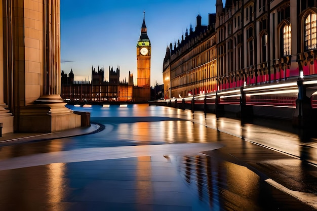 A clock tower stands over a river in front of a building with the clock tower in the background