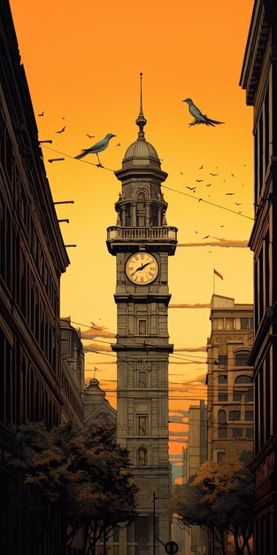 Photo a clock tower with a bird flying above it in front of a sunset