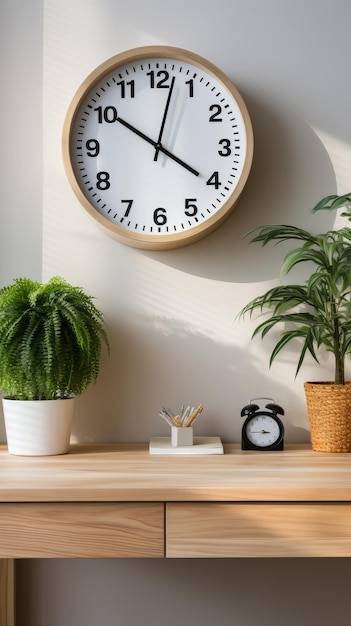 Clock on Wall Next to Potted Plant