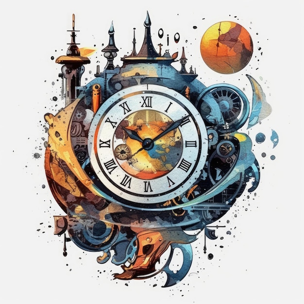 clock watch watercolor vector illustration clipart tattoo poster design magical abstract aquarelle