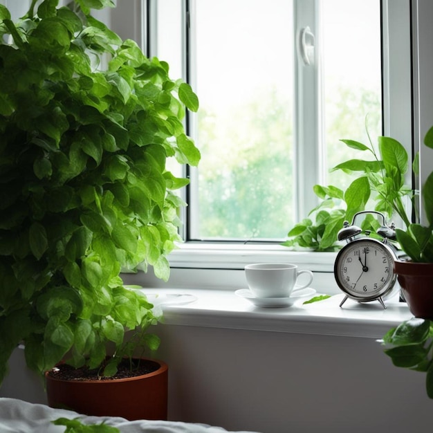 a clock on a window sill next to a plant and a clock