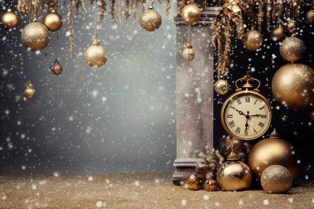 clock with balls and snow on a blue background