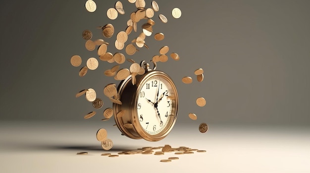 Clock with Coins Flying Time is Money Concept