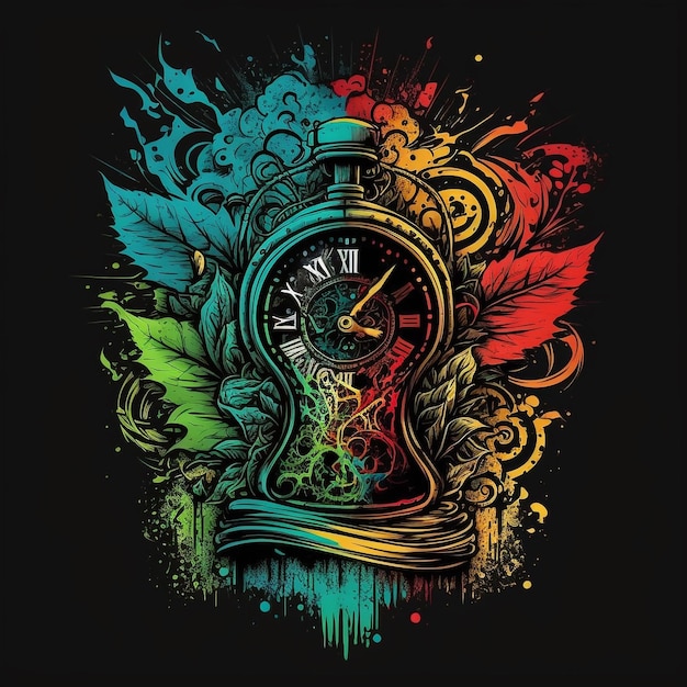 A clock with a colorful background and the words " time " on it.