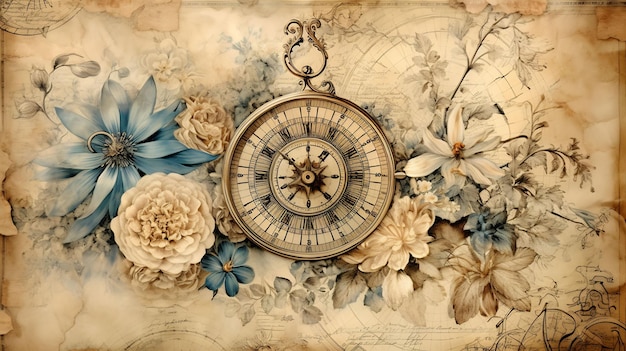 a clock with a floral background and a time of 12 00