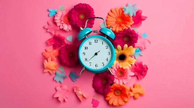 A clock with flowers on pink background