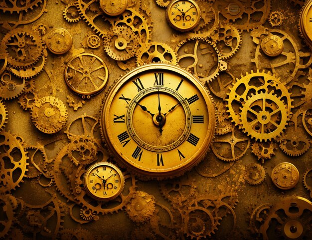 Clock with gears and cogs on a wall with a gold background generative ai
