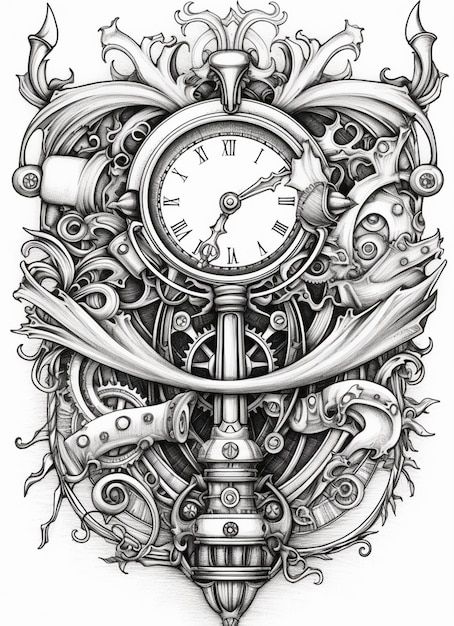 Photo clock with gears and ribbons tattoo design generative ai