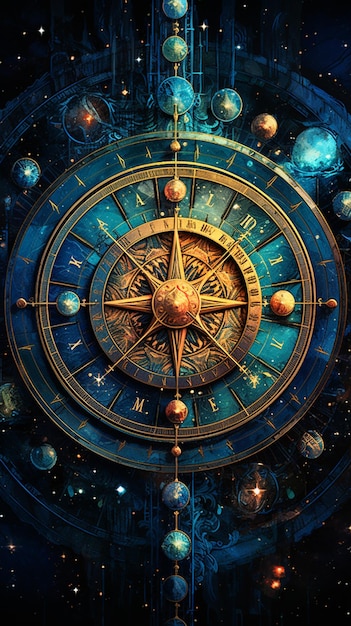 clock with a gold face and a blue background with planets generative ai