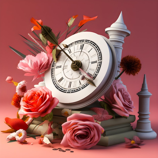 A clock with the hands on the face is surrounded by flowers