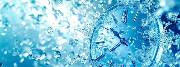 Часы со стрелками и брызгами воды, застывшими во времени, на прохладном голубом фоне