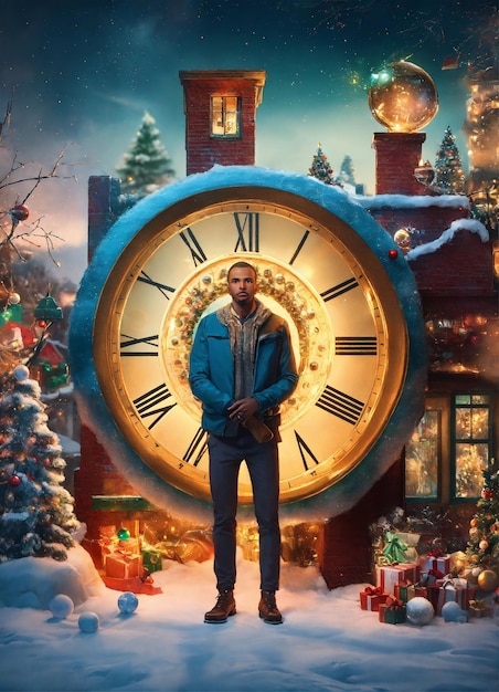 a clock with a man standing in front of a snow covered house