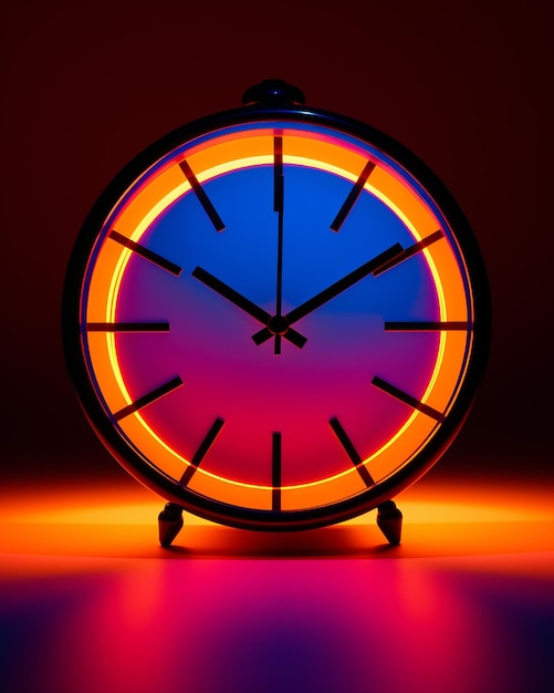 a clock with neon lights on it in a dark room