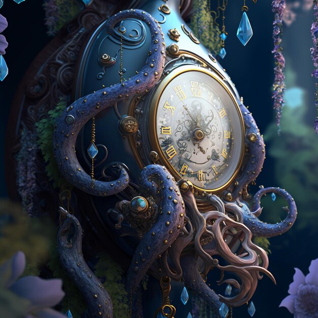 Photo a clock with the number 12 on it is surrounded by octopus tentacles.