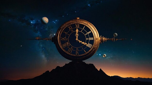 Photo a clock with roman numerals is in the foreground in the background there is a galaxy