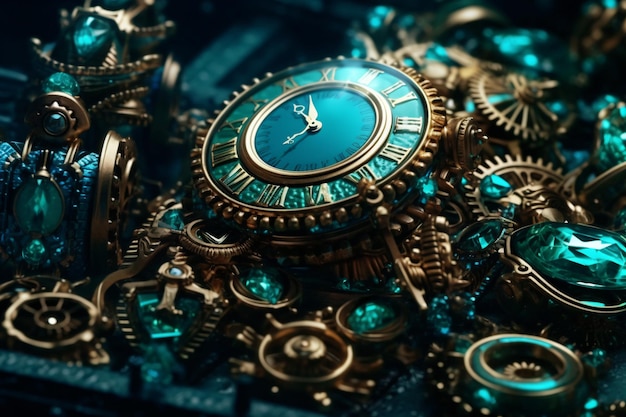 A clock with the roman numerals on it is surrounded by gears.