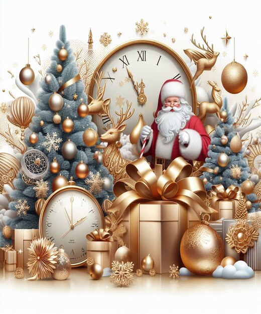 a clock with a santa claus on it and a clock with a christmas tree behind it