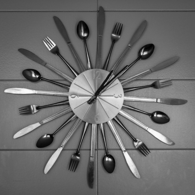 Photo clock with spoons and forks on wall