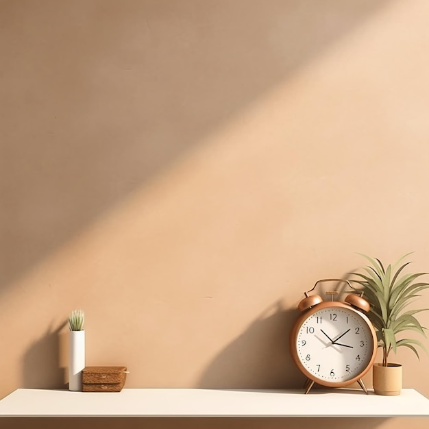 A clock with the time of 3 : 30 on it sits on a shelf.