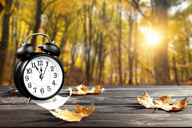 Photo clock and yellow leaf on table