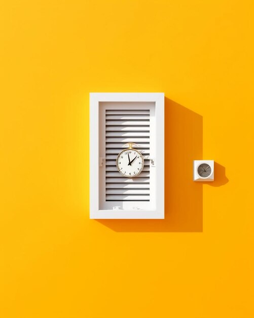 A clock on a yellow wall shows the time of 11 : 30.