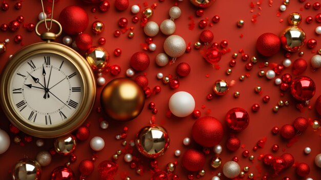 Foto orologi e giocattoli di natale su uno sfondo rosso