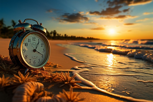 Foto l'immagine pixelata degli orologi sullo sfondo della spiaggia evoca la gestione del tempo tra sabbie serene