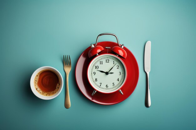 Foto nutrizione in senso orario una rappresentazione visiva di un piatto con alimenti e un orologio che enfatizza l'approccio temporizzato al mangiare a intervalli