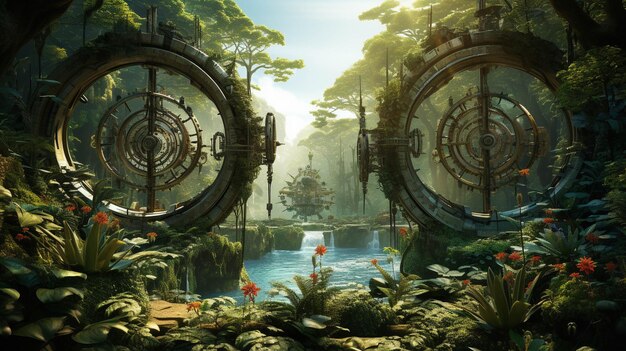A clockwork jungle where flora and fauna operate on synchronized gears