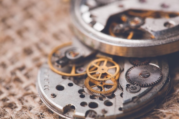 Clockwork old mechanical watch close up macro shot