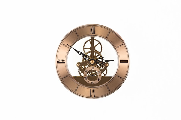 clockwork vintage bronze clock isolated on white background