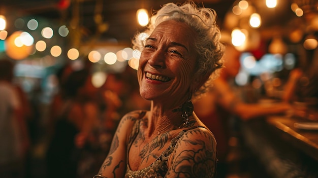 Photo cloesup of an 80 year old tattooed senior on a party