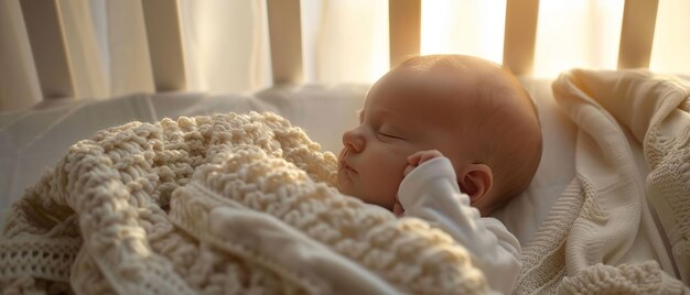Clone Baby Blanket Sociale Impact Een pasgeboren menselijke kloon die vreedzaam in een wieg slaapt Realistische Golden Hour Vignette Birdseye view