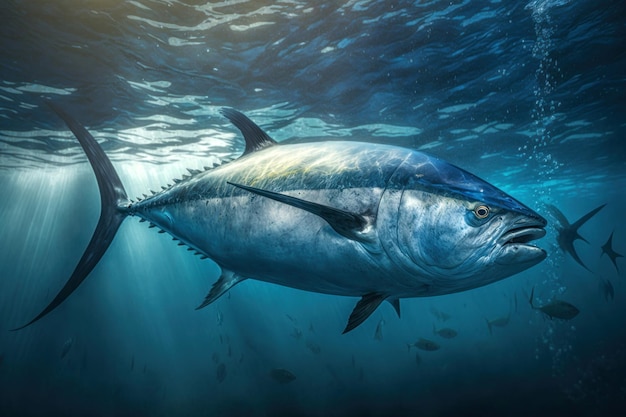 Close big bluefin tuna fish swimming in clear ocean water Generative AI