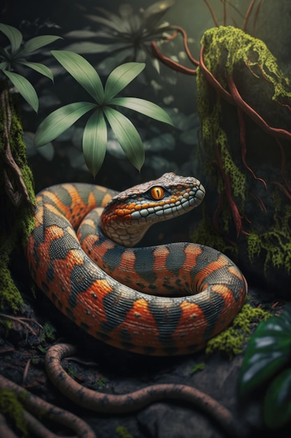 ジャングルの中で大きなヘビを閉じる AI ジェネレーティブ
