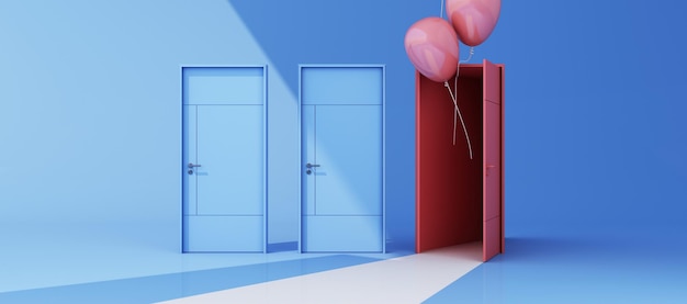 Close blue door with open pink door on blue background with\
sunlight shade and shadow with pink balloon and white walk way on\
the floor 3d render