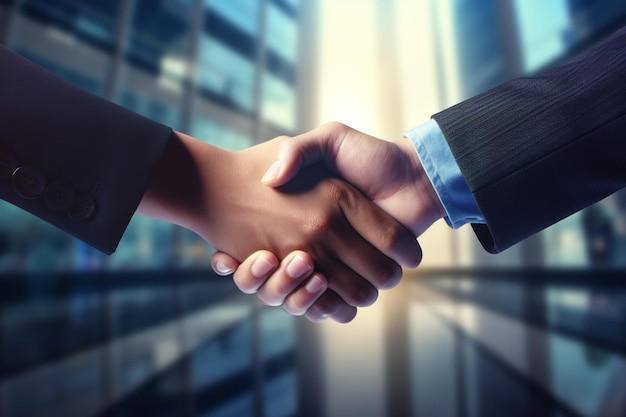 Close businessmen handshake on company background