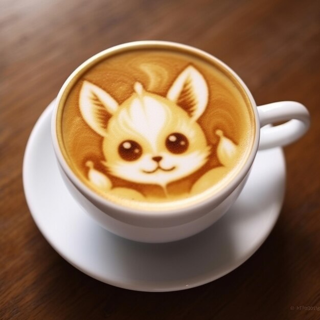 Foto chiudi la tazza di caffè con l'arte del gatto latte a forma di un grazioso disegno di crema