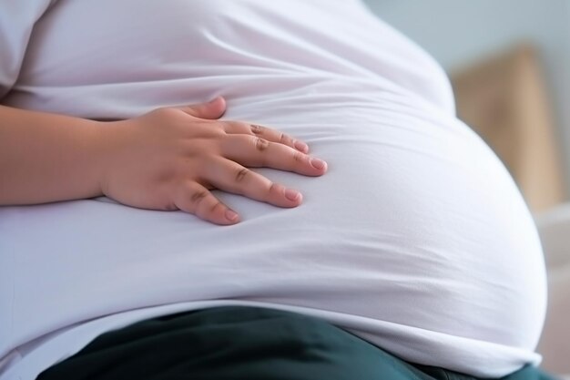 건강에 미치는 영향에 대한 우려를 표현하는 비만에 주의를 기울이는 사람의 배의 자세한 세부 사항