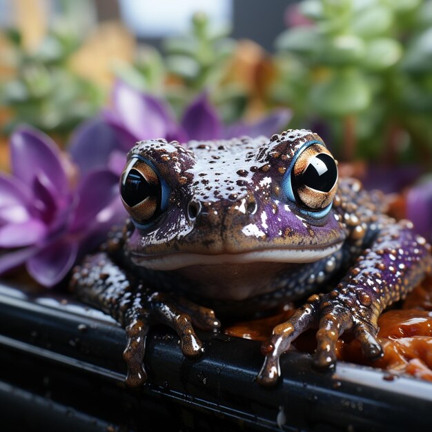 Photo close encounter with a colorful frog in natures canvas generated by ai