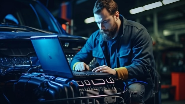 Close to the engine of the car is a mechanic with a laptop Generative AI modern auto diagnostic software