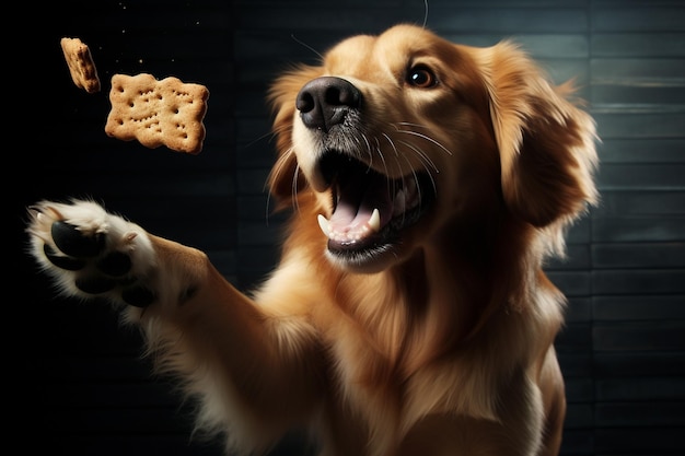 Photo a close examination of a dog catching a biscuit generative by ai