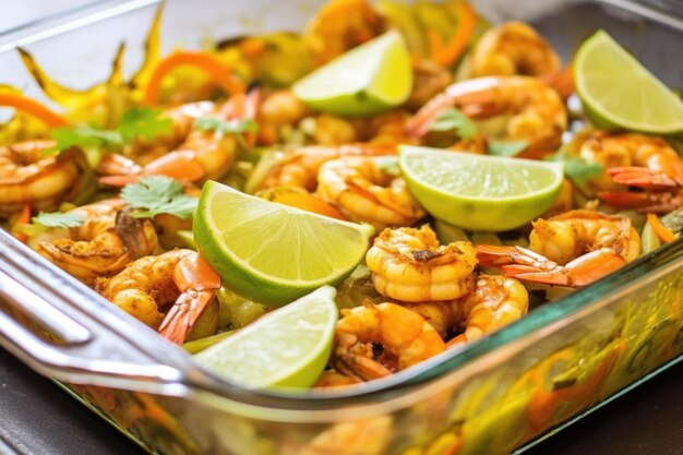 Photo close focus on shrimp marinating in chili lime mix