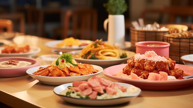 close food photography of korean food dishes in a cute cozy restaurant slightly pink restaurant them